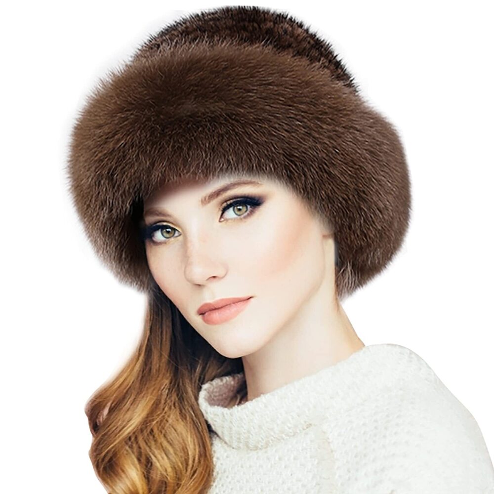 8432 Mink Real Fur Hat Knit Furry Russian Fur Hat with Elastic Brown